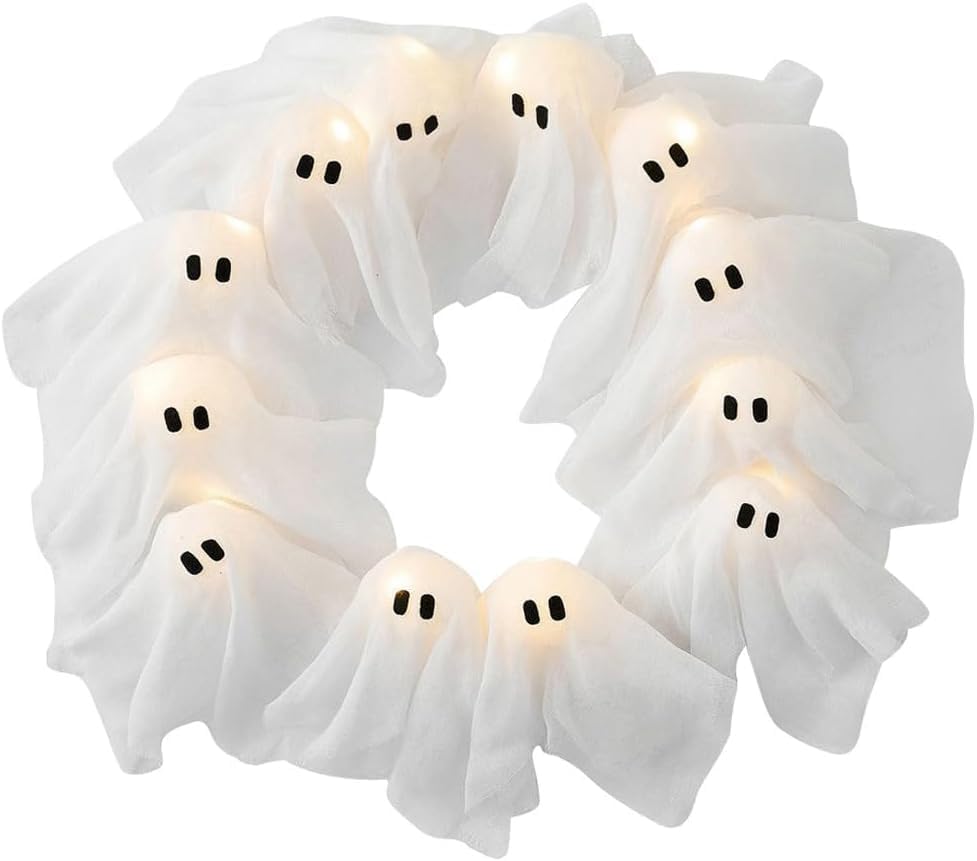 Halloween Ghost Wreath with 12 LED Glowing Ghosts - Light up White Garland for Front Door, Battery Powered Spooky Decor Indoor/Outdoor, Hanging Halloween Decorations for Wall Window Home Party