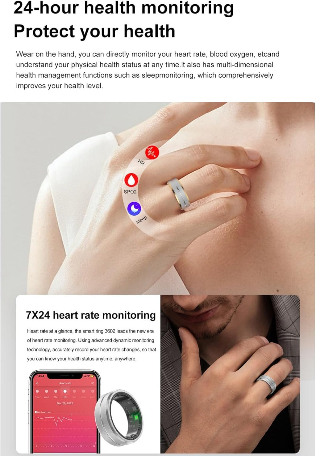 Smart Fitness Tracker for Men and Women, Heart Rate & Blood Oxygen Monitor & Sleep Monitoring, Remote Selfie Control, Waterproof Wearable Smart Ring (8)
