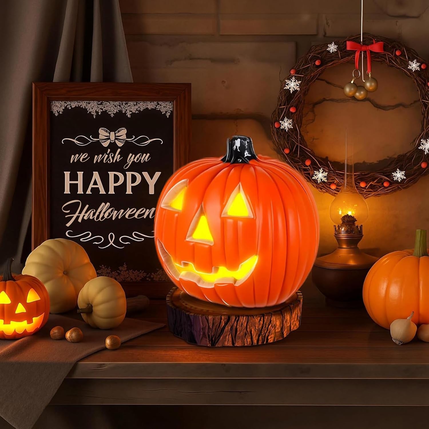 Halloween Pumpkin Lights Jack O Lanterns Vintage Halloween Decorations Classic Plastic Pumpkin Statue Light up Table Decor for Home Office Haunt House Party Decorations (A)