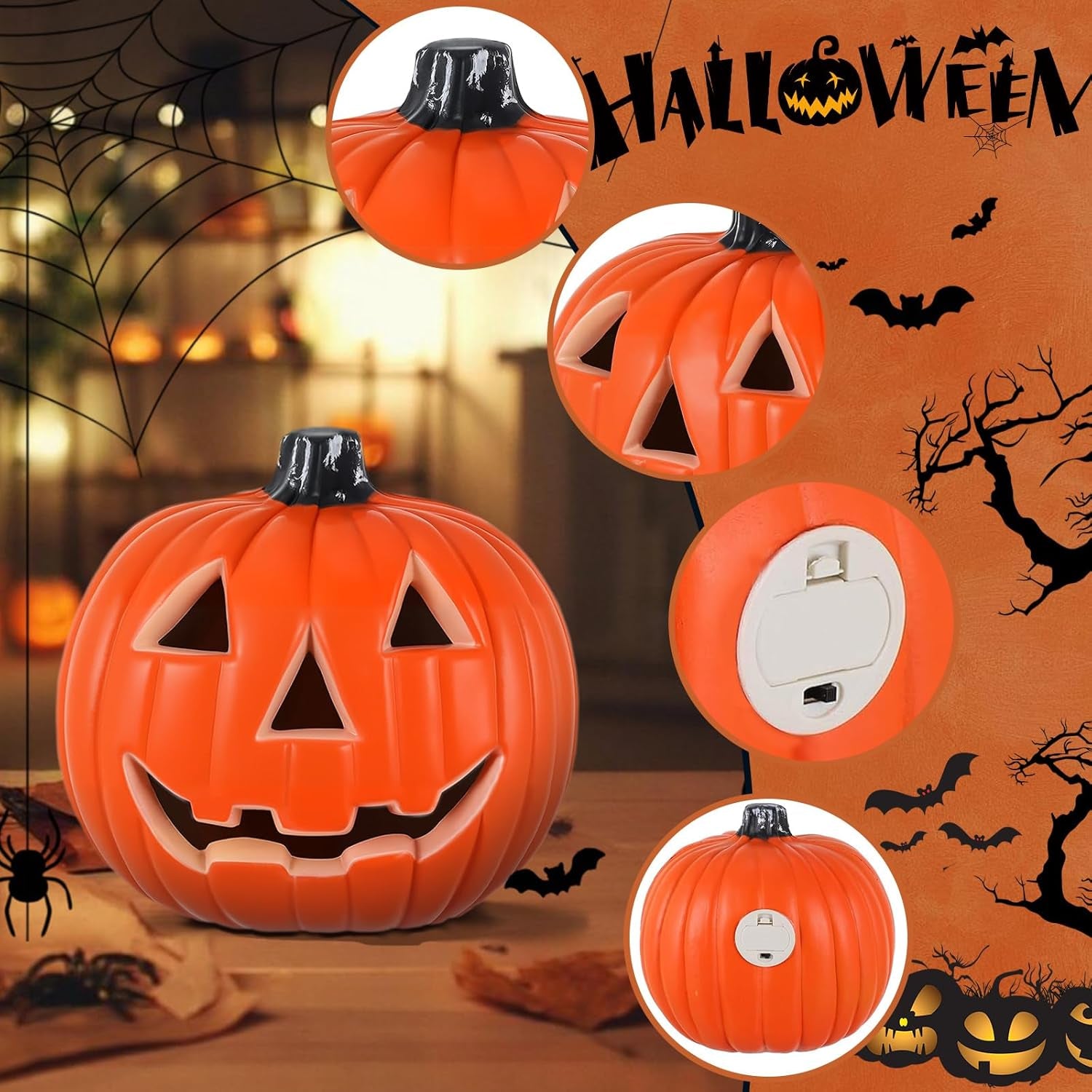 Halloween Pumpkin Lights Jack O Lanterns Vintage Halloween Decorations Classic Plastic Pumpkin Statue Light up Table Decor for Home Office Haunt House Party Decorations (A)